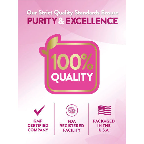 Infographic stating Our Strict Quality Standards: PURITY & EXCELLENCE, 100% QUALITY; with badges: GMP CERTIFIED COMPANY, FDA REGISTERED FACILITY, PACKAGED IN THE U.S.A.