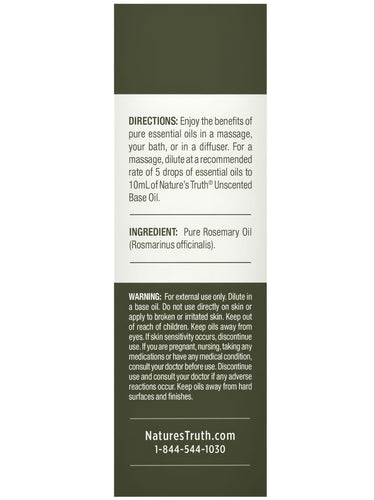 The 15 mL Rosemary Oil label displays directions, ingredient as pure rosemary oil, a warning, website, and contact number.