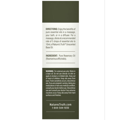 The 15 mL Rosemary Oil label displays directions, ingredient as pure rosemary oil, a warning, website, and contact number.