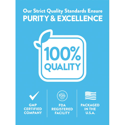 Infographic: Quality Standards Ensure PURITY & EXCELLENCE, 100% QUALITY, GMP CERTIFIED COMPANY, FDA REGISTERED FACILITY, PACKAGED IN THE U.S.A.
