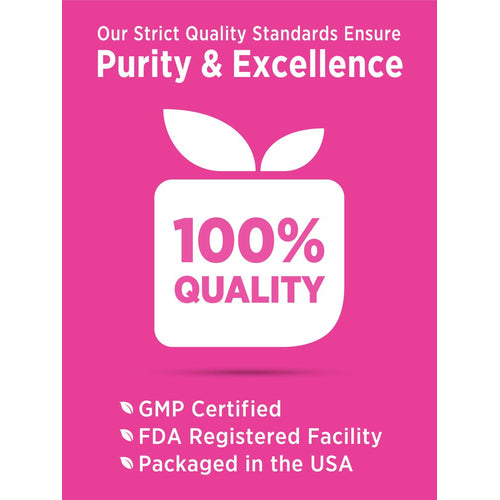 Infographic stating: Quality Standards Ensure Purity & Excellence, 100% QUALITY, GMP Certified, FDA Registered Facility, Packaged in the USA
