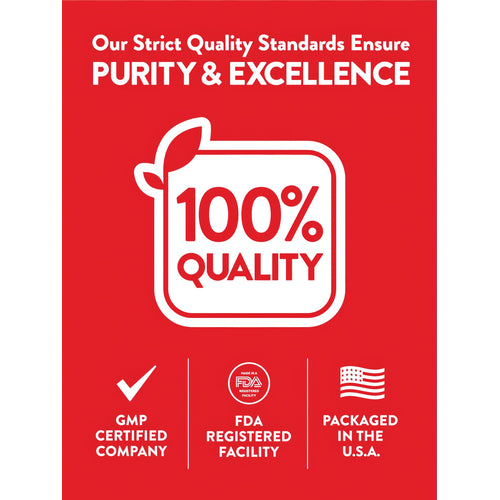 Infographic: Strict Quality Standards, PURITY & EXCELLENCE, 100% QUALITY, GMP CERTIFIED COMPANY, FDA REGISTERED FACILITY, PACKAGED IN THE U.S.A.