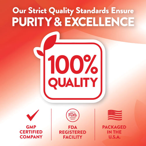 Infographic stating Purity & Excellence standards: 100% QUALITY, GMP CERTIFIED COMPANY, FDA REGISTERED FACILITY, PACKAGED IN THE U.S.A.