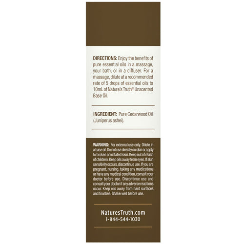 View 6 Label for NT Cedarwood Oil 15 mL with directions, ingredients, warnings, NaturesTruth.com, and contact number.