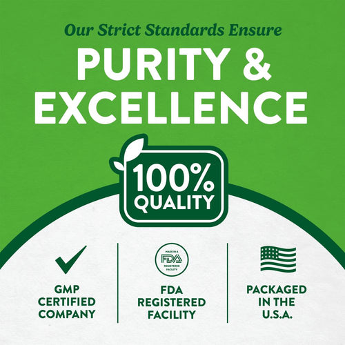 Infographic stating Purity & Excellence, 100% Quality, GMP Certified Company, FDA Registered Facility, Packaged in U.S.A.