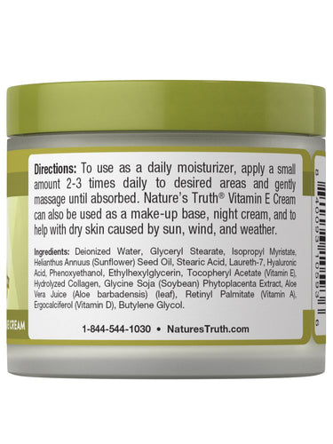 Nature's Truth Vitamin E Cream in a 4 oz jar shown on a hand for scale.
