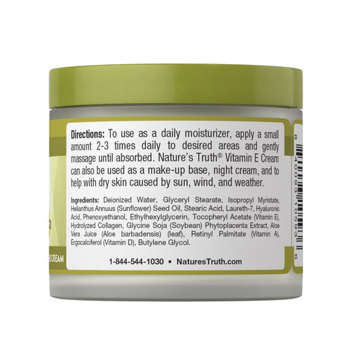 Nature's Truth Vitamin E Cream in a 4 oz jar shown on a hand for scale.