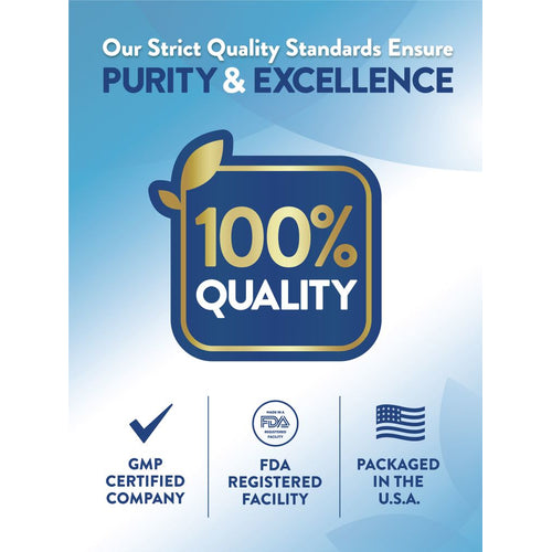 Infographic on Purity and Excellence: 100% QUALITY, GMP CERTIFIED COMPANY, FDA Registered Facility, PACKAGED IN THE U.S.A.