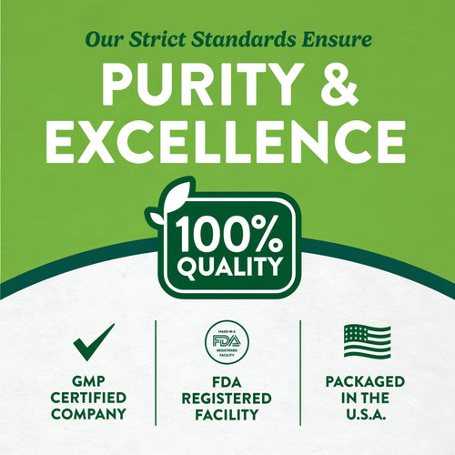 Infographic showing 100% quality, GMP certified company, FDA registered facility, packaged in the U.S.A.