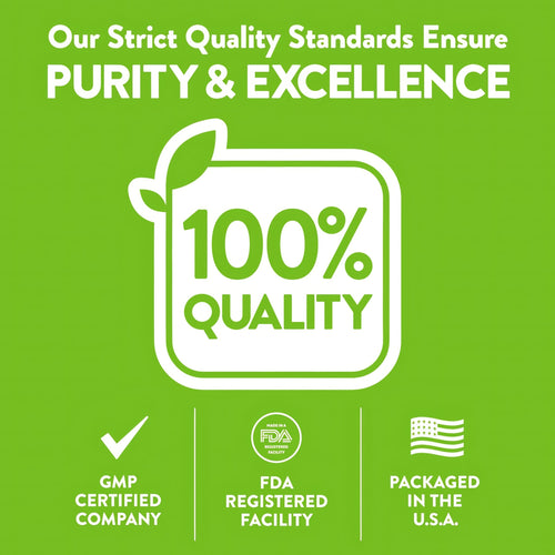 Infographic showing Purity & Excellence, 100% Quality, GMP Certified Company, FDA Registered Facility, Packaged in the U.S.A.