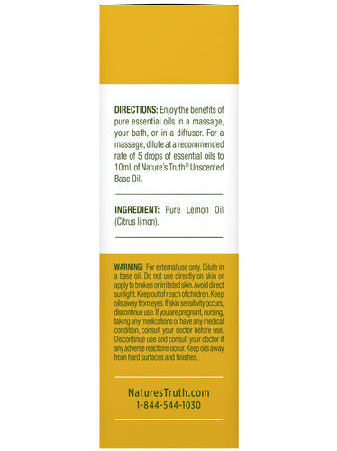 NT Lemon Oil 15 mL bottle showing label with usage instructions, ingredients list, and safety warnings.