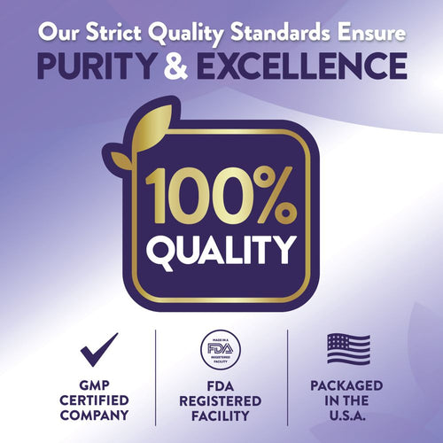 Infographic: Quality Standards Ensure PURITY & EXCELLENCE, 100% QUALITY, GMP CERTIFIED, FDA REGISTERED FACILITY, PACKAGED IN U.S.A.