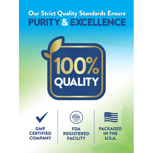Infographic: 100% quality, GMP certified company, FDA registered facility, packaged in the U.S.A.