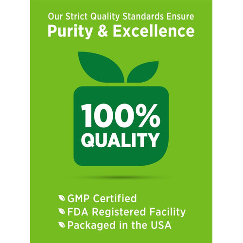 Infographic: Quality Standards, Purity & Excellence, 100% Quality, GMP Certified, FDA Registered Facility, Packaged in the USA.