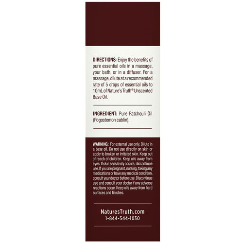 NT Patchouli Oil 15 mL bottle label showing directions for use, ingredient list, and warning information.