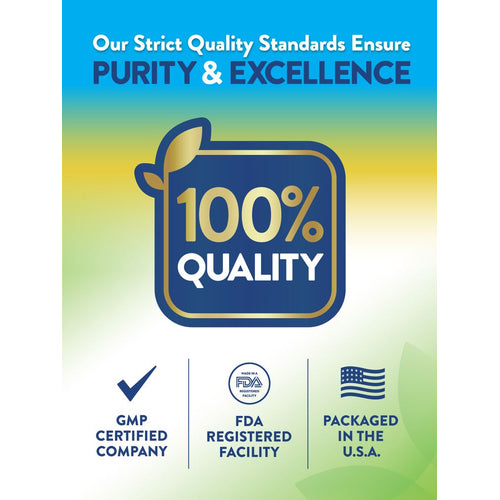 Infographic stating purity and excellence, 100% quality, GMP certified company, FDA registered facility, packaged in the USA.