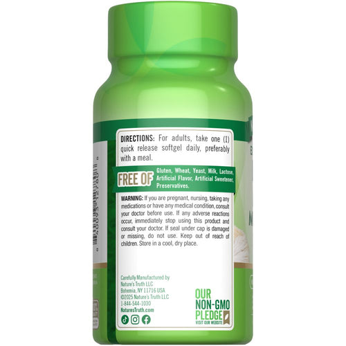 Hand holding a bottle of NT Lions Mane 3000mg with 30 quick release softgels, highlighting supplement potency and form.