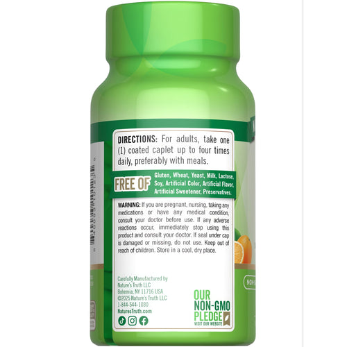 Green NT C 500 mg Coated Caplets bottle displaying label with directions and warnings clearly visible.