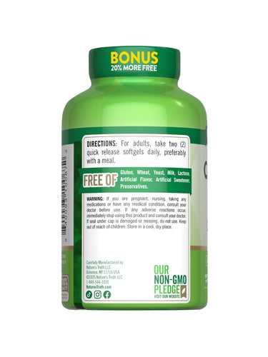 NT Calcium +D3 Softgels bottle, back view showing 'BONUS 20% MORE FREE' and directions for two (2) quick release softgels daily.