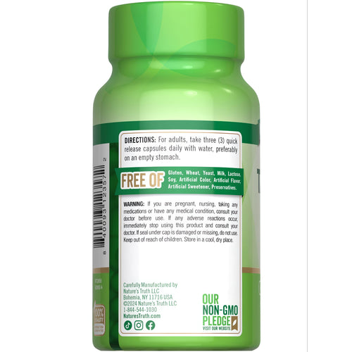 A bottle containing 90 capsules of Taurine, each with a dosage of 1500 mg.