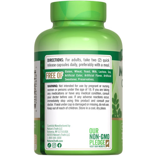Moringa bottle, free of gluten, wheat, yeast, milk, lactose, soy, artificial color, flavor, sweetener, preservatives, non-GMO.