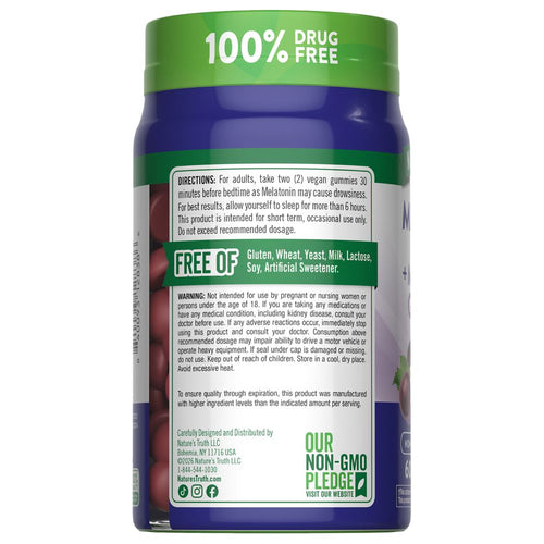NT Melatonin 12mg + Magnesium 60 Gummies, 100% Drug Free, Free of Gluten, Wheat, Yeast, Milk, Lactose, Soy, Artificial Sweetener.