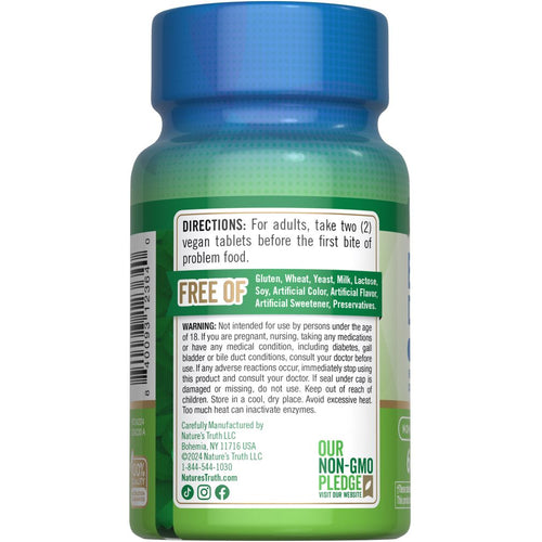NT Bean X Enzyme Complex bottle, back label showing directions for taking 2 vegan tablets before the first bite of problem food.