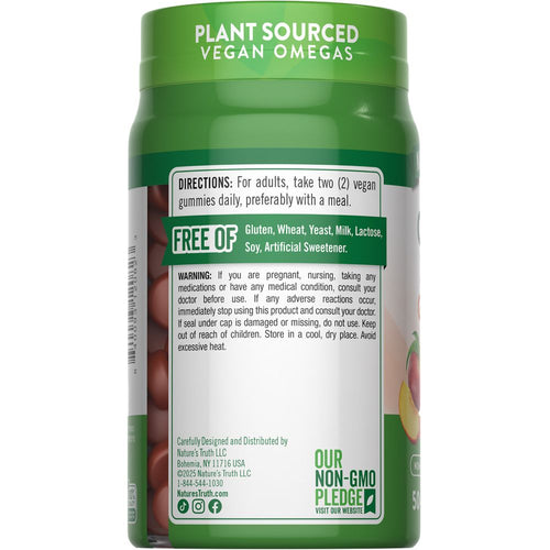 NT Omega 3-6-7-9 50 vegan gummies bottle showing back label details, directions, warnings, and 'FREE OF' statement.