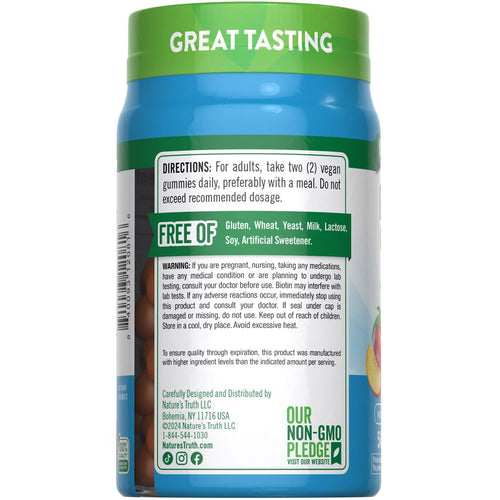 A bottle of fifty 10,000 mcg vegan gummies with a green cap labeled 'GREAT TASTING', from Biotin.