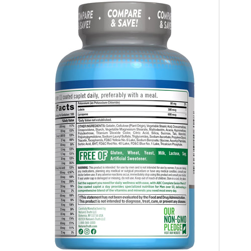 Image of a bottle containing 100 coated caplets of NT ABC Complete Mens 50+ Multi Vitamins.