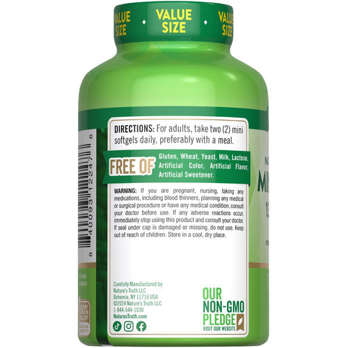 NT Mini Fish Oil 1340 mg softgels with lemon flavor displayed on a hand scale.