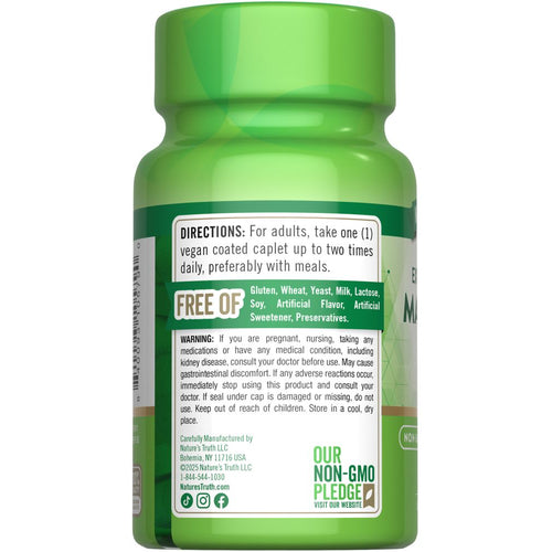 Back label of NT Magnesium 250 mg 100 Coated Caplets showing directions, 'FREE OF' section, and warning information.