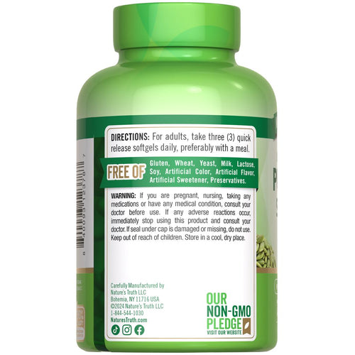 Bottle of Pumpkin Seed Oil 3000 mg containing 75 quick release softgels on a hand scale for size reference.