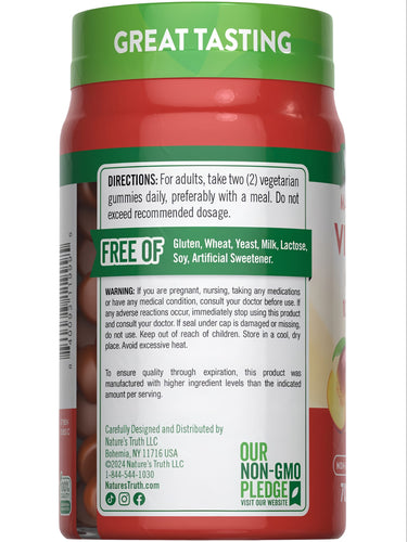 NT D3 70 vegetarian gummies bottle labeled 'GREAT TASTING', 'FREE OF' allergens, with dosage directions.