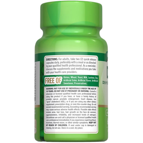 Hand holding DHEA 50 mg quick release capsules.