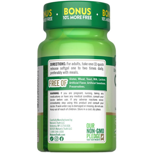 Co Q-10 200 mg + Black Pepper Softgels bottle back: Bonus 10% more, directions, 'FREE OF' info, Non-GMO pledge.