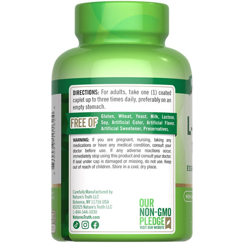 View 7 Back label of NT L-Lysine 1000 mg 100 Caplets bottle showing directions, warnings, 'FREE OF' claims, and Non-GMO pledge.