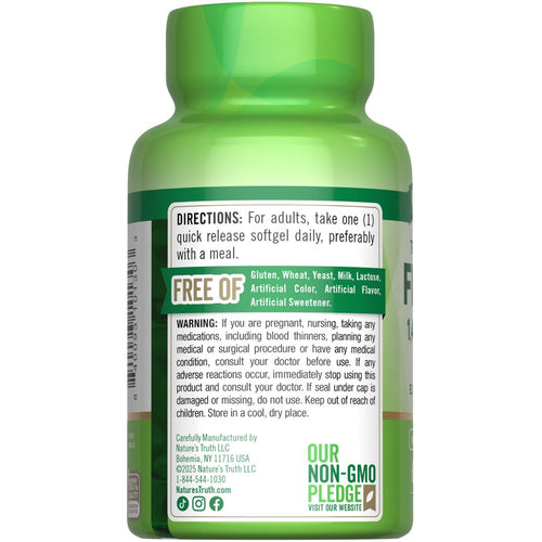 A bottle of Fish Oil 1400 mg containing 60 softgels placed on a hand scale.