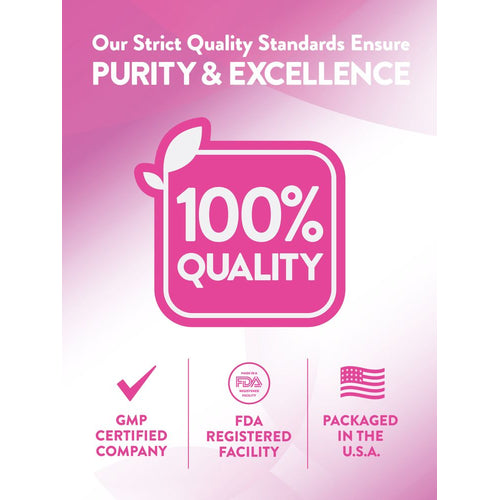 Infographic shows PURITY & EXCELLENCE, 100% QUALITY, GMP CERTIFIED COMPANY, FDA REGISTERED FACILITY, PACKAGED IN THE U.S.A.