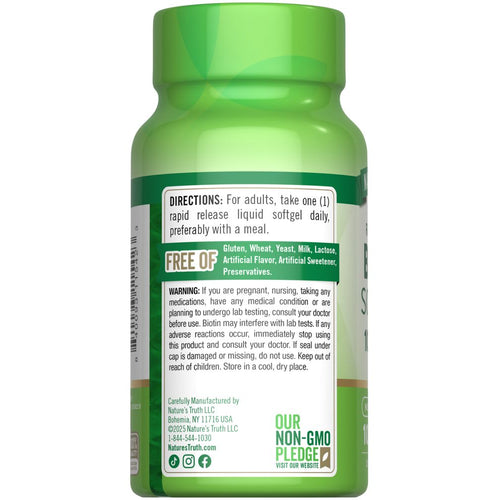 NT Biotin 10,000mcg 100 Softgels bottle, back label with directions, 'Free Of' list, warning, and 'Our Non-GMO Pledge'.
