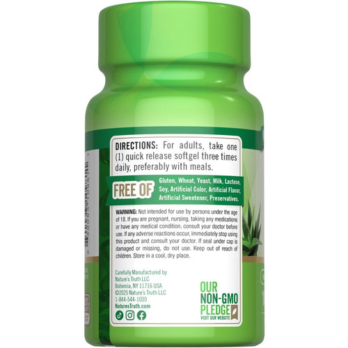 A bottle of Aloe Vera 5000 mg softgels placed against a hand for scale, showcasing size and supplement details.