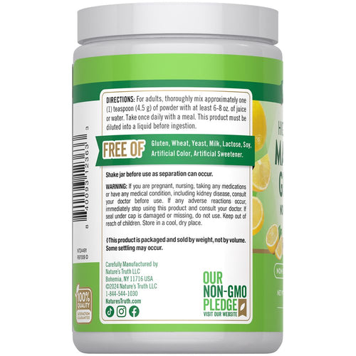 Lemon-flavored Magnesium Glycinate Powder in bulk, with a 1 teaspoon (4.5 g) serving size shown on a scale.