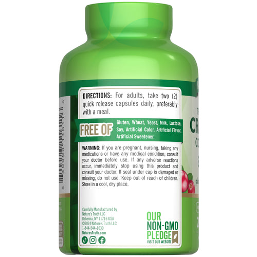 Cranberry bottle with icons indicating Gluten & Wheat Free, Yeast Free, Milk & Lactose Free, Soy Free, No Artificial Color/Flavor, Non-GMO.