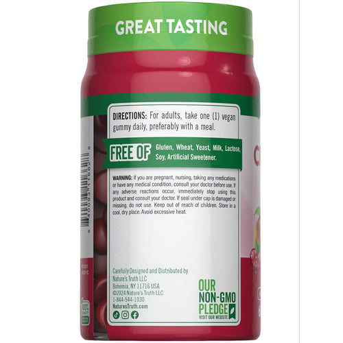 NT Cranberry 60 vegan gummies bottle: 'GREAT TASTING', directions, and 'FREE OF' gluten, wheat, yeast, milk, lactose, and soy.