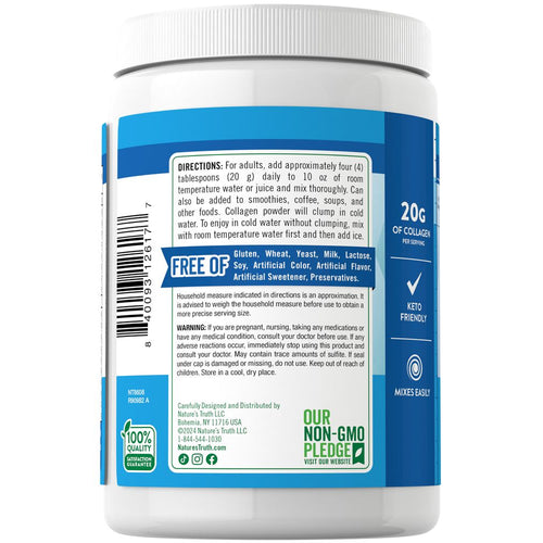 A 10 oz jar of NT Collagen Powder containing 20g of collagen per serving on a hand scale.
