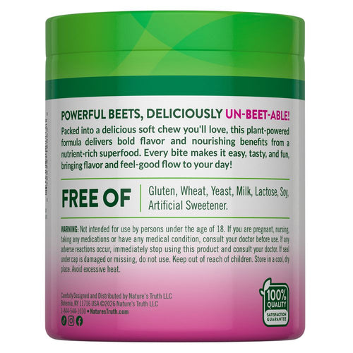 Back label of NT Beet Root 60 Soft Chews describing its tasty and convenient soft chew format.