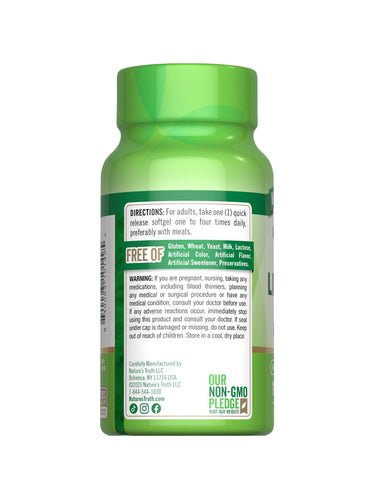 NT Norwegian Cod Liver Oil 100 Softgels bottle back label showing directions, 'FREE OF' ingredients, warnings, and non-GMO pledge.