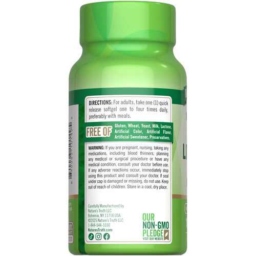 NT Norwegian Cod Liver Oil 100 Softgels bottle back label showing directions, 'FREE OF' ingredients, warnings, and non-GMO pledge.