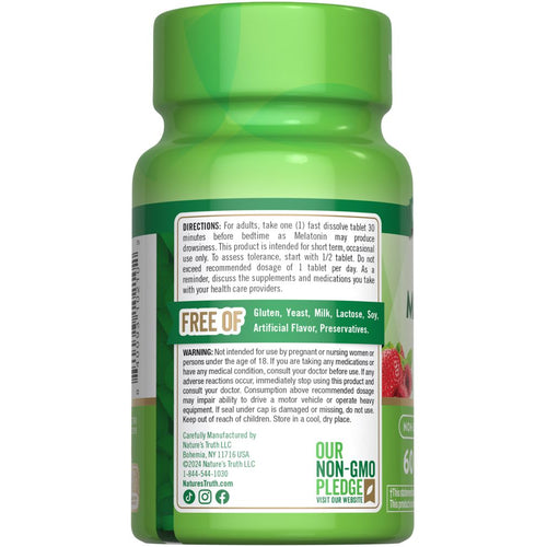 A hand holds a bottle labeled Melatonin 12 mg with 60 fast dissolve tablets, shown on a scale to indicate weight for bulk purchase.
