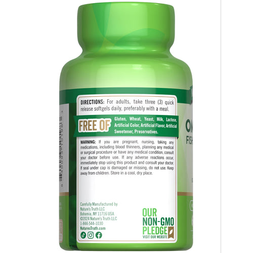 Nature's Truth Omega 369 Fish, Flax, and Borage 60 softgels presented in a hand, showing supplement packaging.
